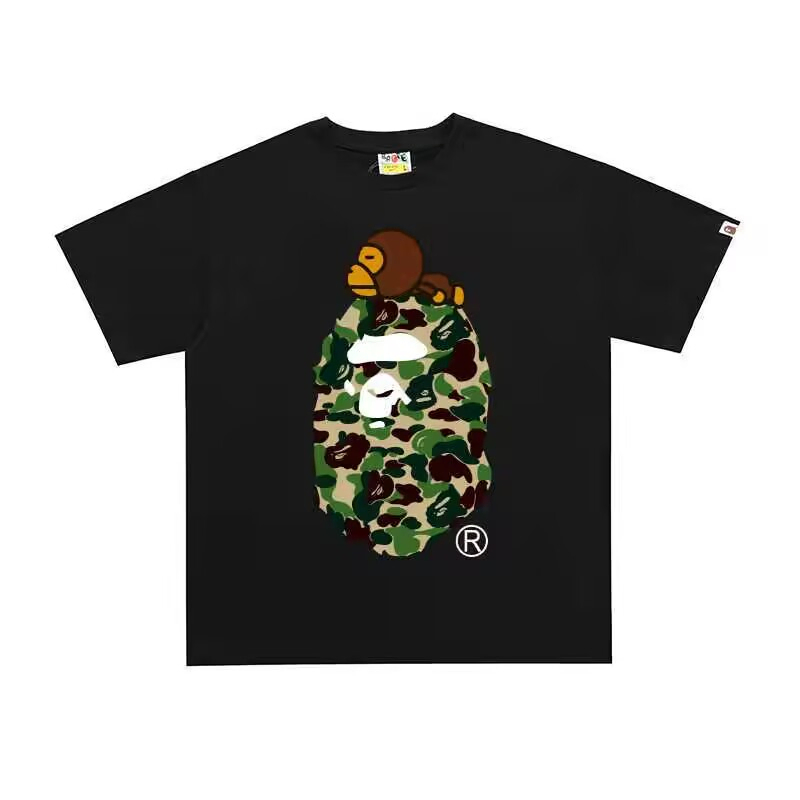 Camiseta de Cabeça de Macaco Moda de Rua Vintage Algodão Pesado Casual Manga Curta