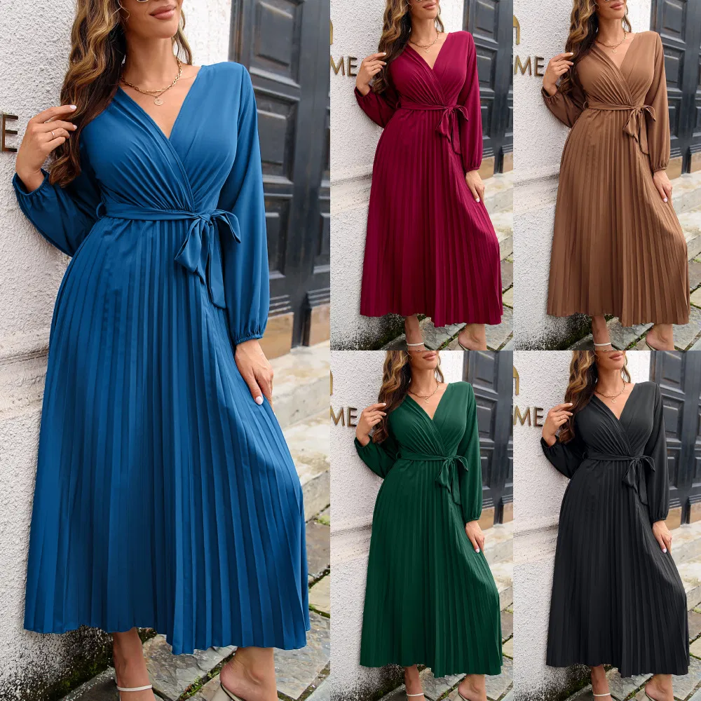 Novo Vestido Longo Feminino de Manga Longa com Decote em V, Plissado, Cor Sólida, Cinto com Laço, Venda Quente na Europa, Elegante e Casual
