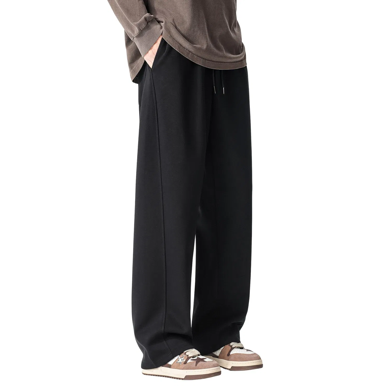 Calças casuais masculinas de perna reta soltas, forradas com fleece espesso e elástico, com bolsos profundos