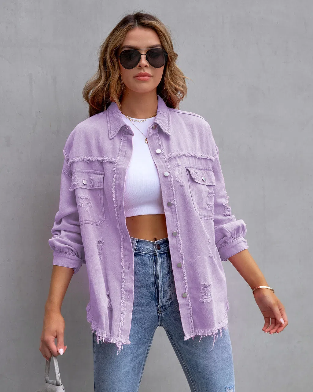 Jaquetas de Denim para Mulheres em Várias Cores, Jaqueta de Denim Desgastada de Comprimento Médio, Camisas para Meninas, Jaqueta de Jeans Casual com Gola de Lapela, Moda de Rua em Denim