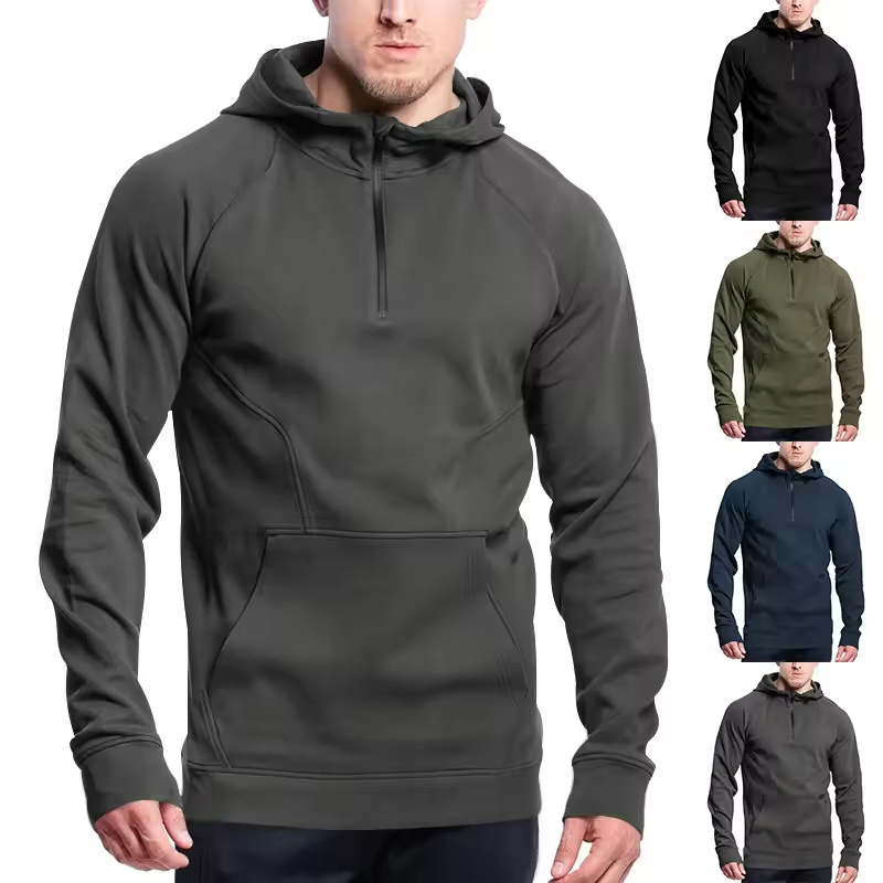 Suéter masculino casual com capuz e meio zíper, de manga longa e gola alta para outono e inverno