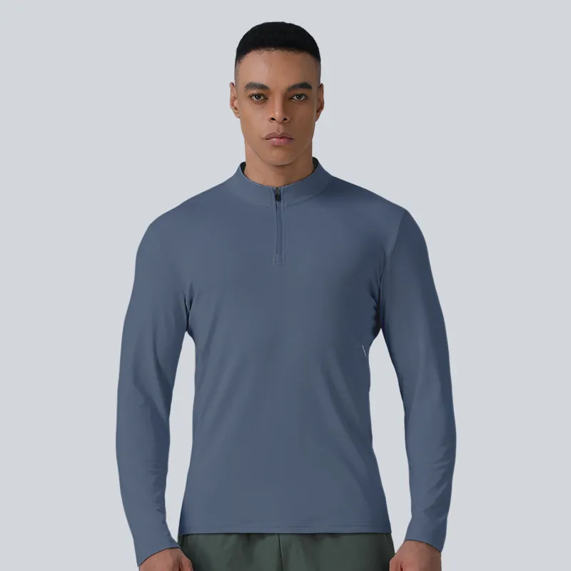 Novo Top com Gola Alta e Zíper Masculino, Roupas Casuais para Corrida e Fitness ao Ar Livre, Manga Longa Elástica e Slim