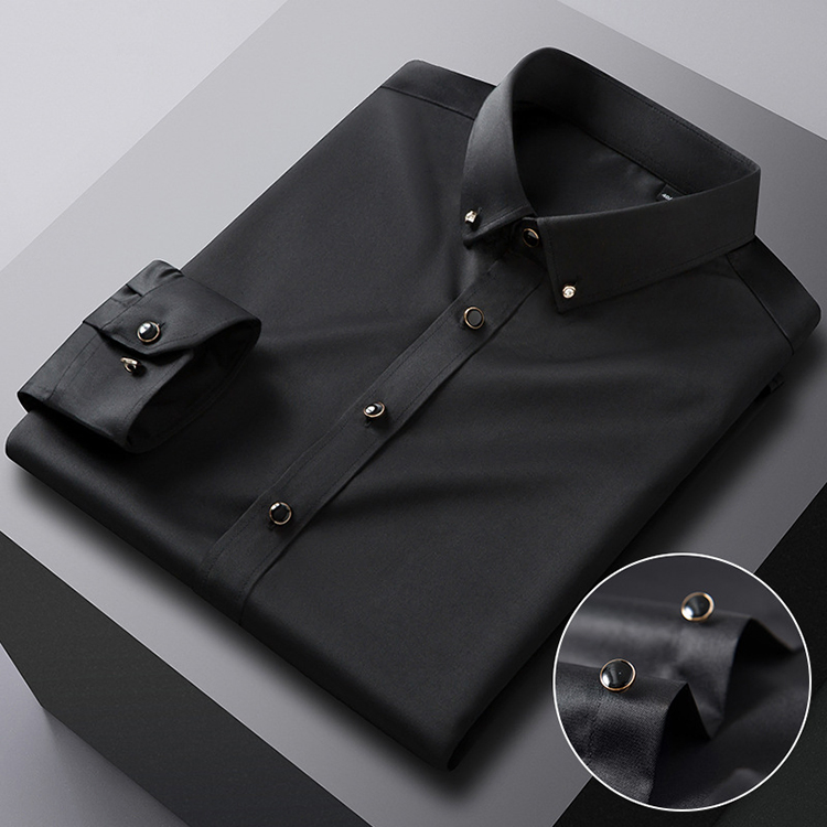 Camisa de Manga Longa Masculina com Fivela de Dril Elástico, Sem Necessidade de Passar, Casual para Negócios