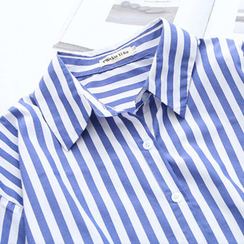 Camisa Casual de Botão Larga de Manga Longa Listrada Azul e Branca para Mulheres da Fábrica
