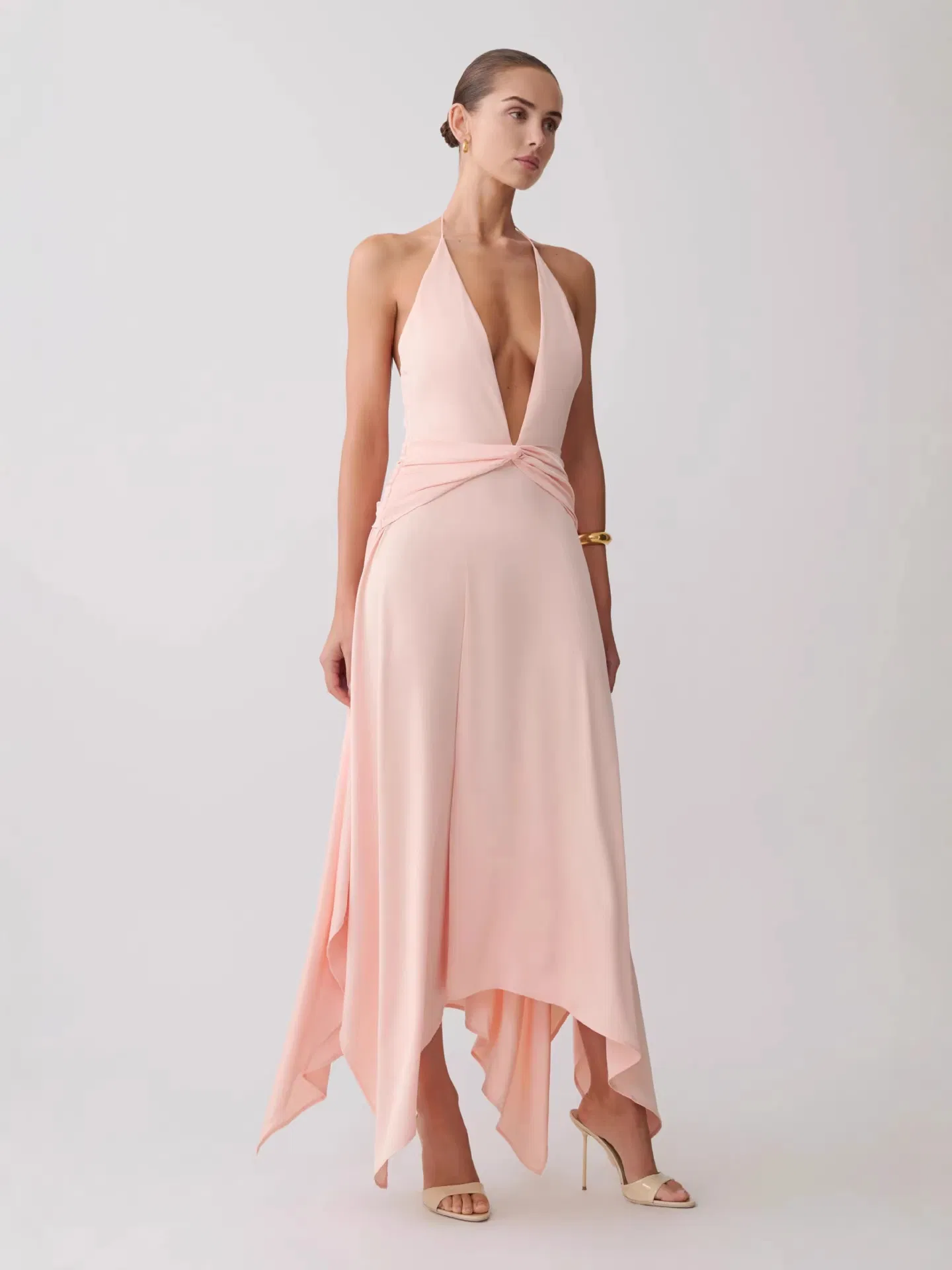 Vestido Midi Sem Costas em V Profundo Halter Rosa Blush para Mulheres com Barra Assimétrica Irregular Casual Longo