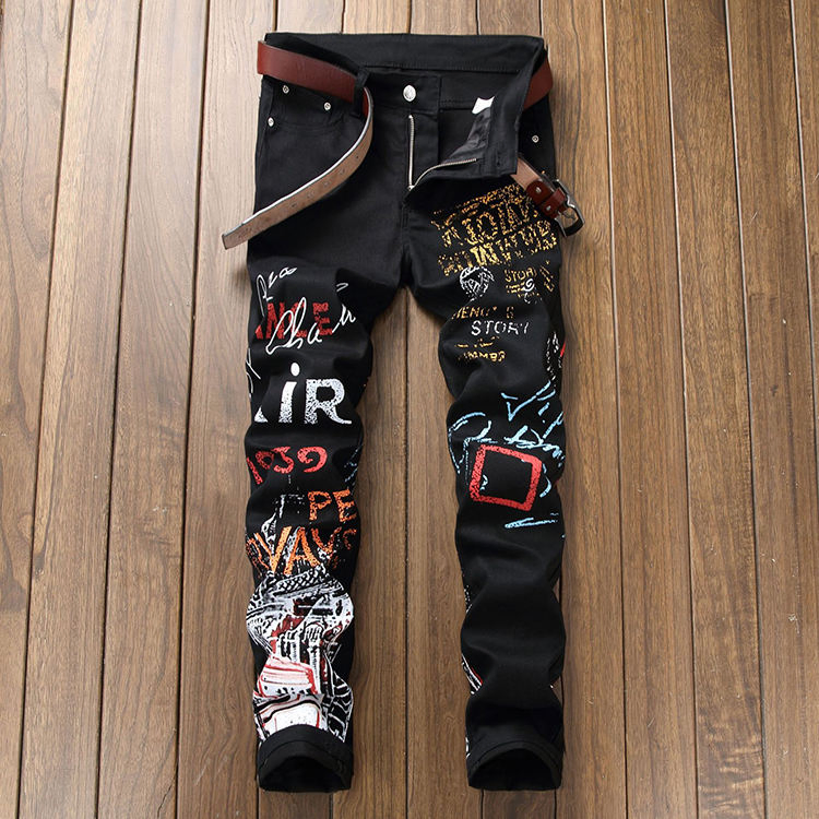 Atacado 2023 Moda Casual Stretch Preto Homem Impressão de Letra Calça Cintura Média Skinny para Homens Namorado Jeans Longos Calças