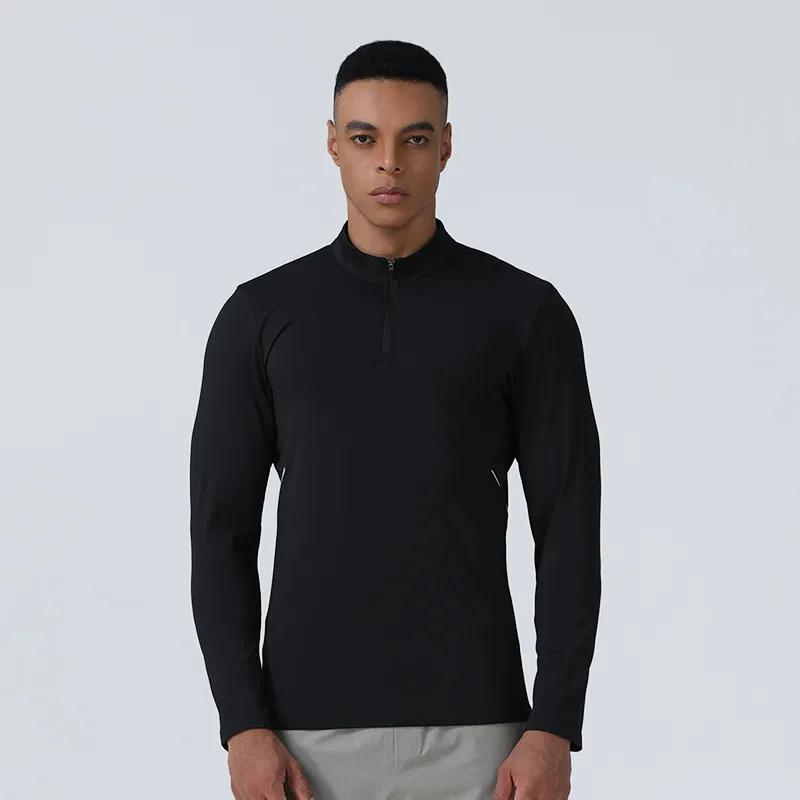 Novo Top com Gola Alta e Zíper Masculino, Roupas Casuais para Corrida e Fitness ao Ar Livre, Manga Longa Elástica e Slim