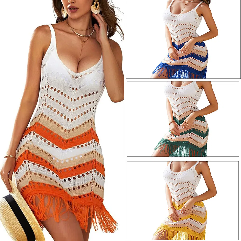 Vestido de Praia Tricotado Listrado Casual de Verão com Decote em V e Franjas para Mulheres