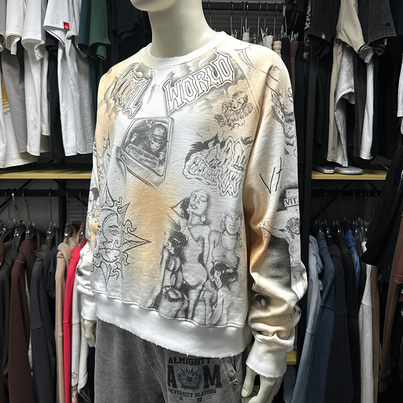 Sweatshirt personalizada de atacado, casual, vintage, streetwear, estampa Vital World, lavagem suja, gola redonda