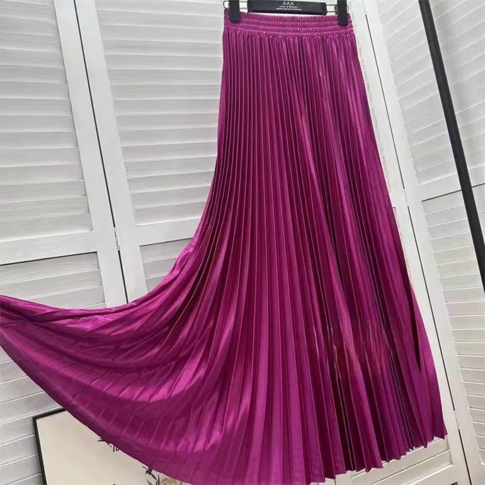 Nova Saia Elegante Plissada para Mulheres, Cintura Alta, Slim, Casual, Sólida, Longa