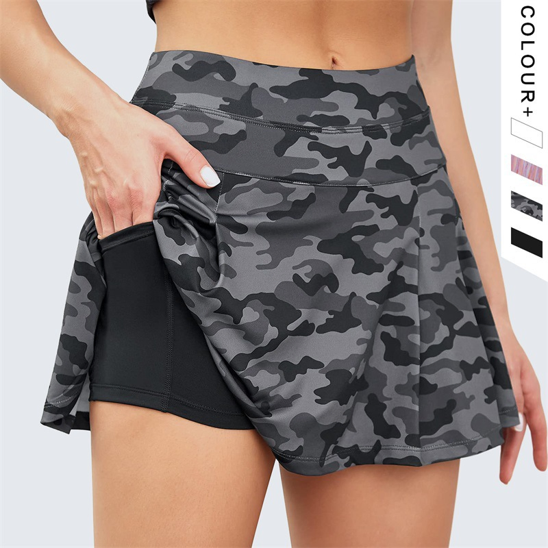 Saia de tênis dupla camada camuflada de primavera para mulheres, ioga, fitness, casual, golfe, esportes, corrida, respirável