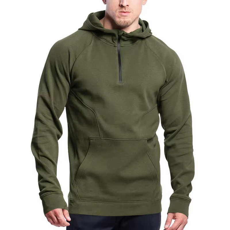 Suéter masculino casual com capuz e meio zíper, de manga longa e gola alta para outono e inverno