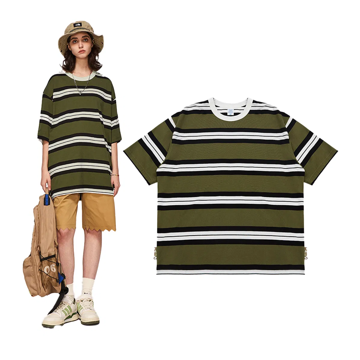 180GSM 100% Camiseta de Algodão Atacado de Alta Qualidade Oversized Listrada com Cor Contrastante Roupas Casuais de Rua para Homens