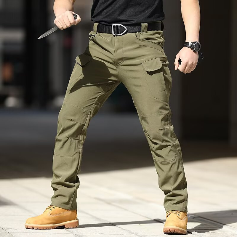 100% Calças Casuais de Algodão para Homens com Cintura Elástica Calças Plus Size com Múltiplos Bolsos Calças Cargo Largas para Homens