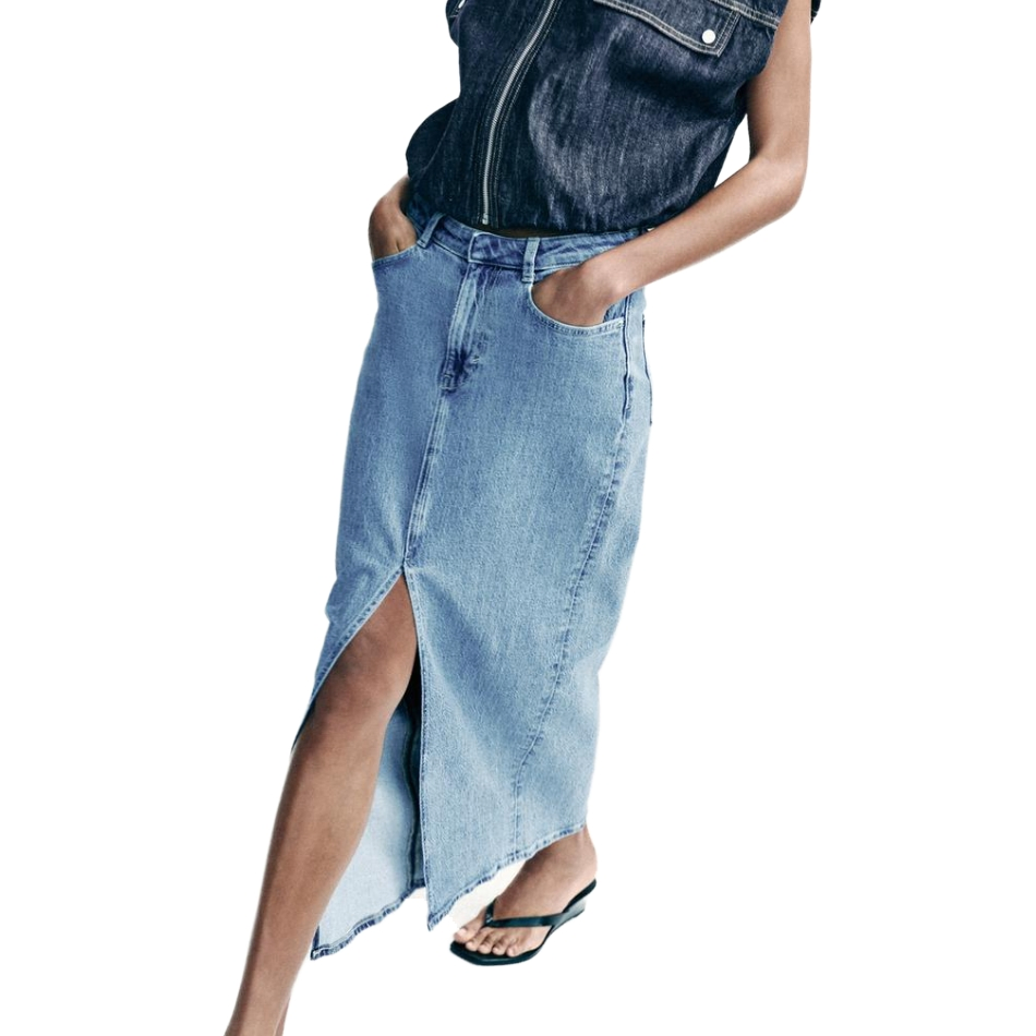 Saia midi feminina azul claro casual com fenda frontal, saia de denim feminina