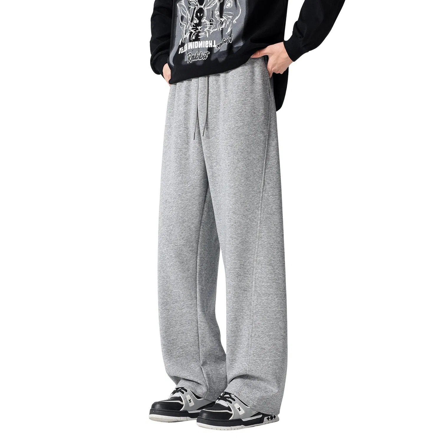 Calças casuais masculinas de perna reta soltas, forradas com fleece espesso e elástico, com bolsos profundos