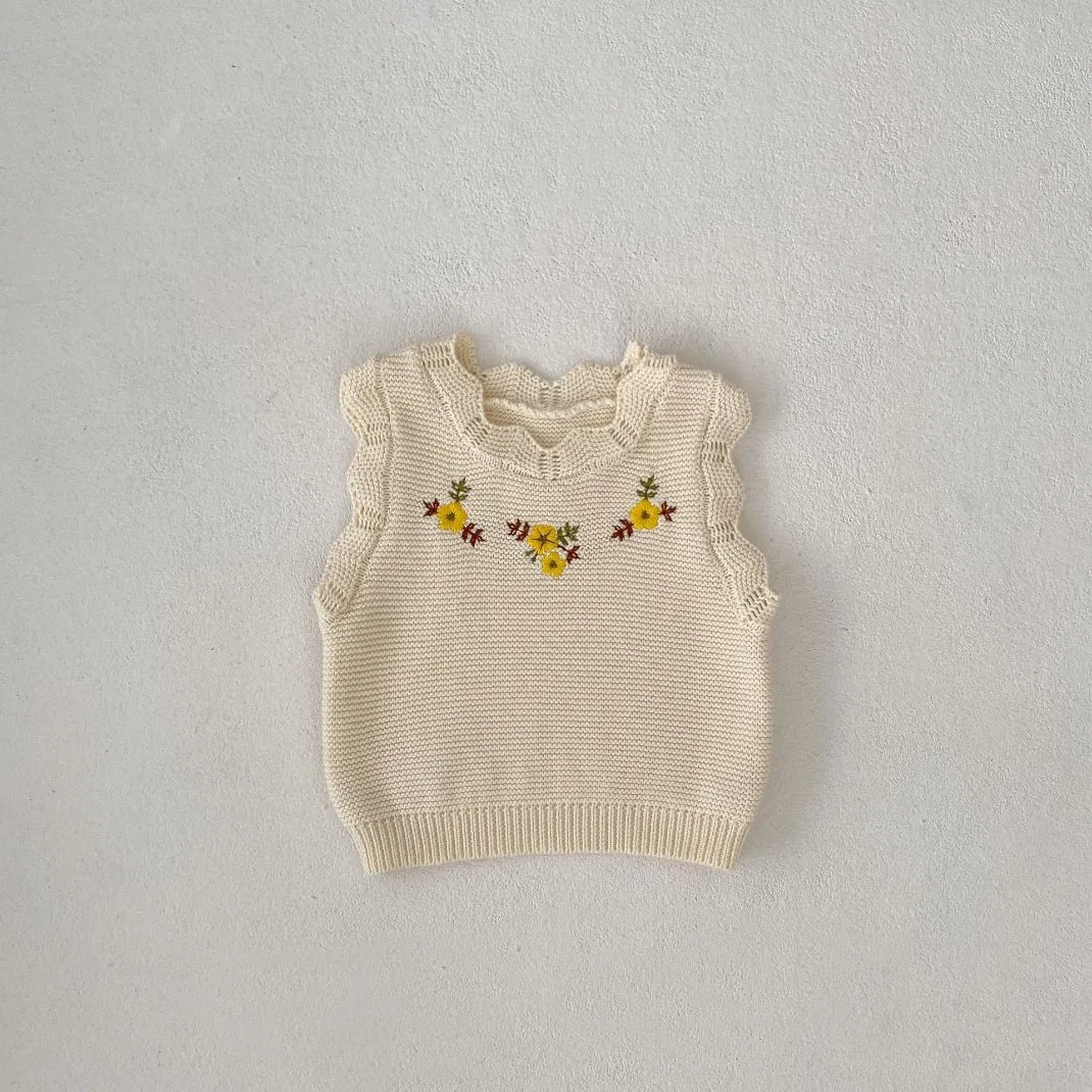 Roupas de Inverno para Bebês Outono, Suéter Casual Fofo para Meninas, Malha de Algodão Sem Mangas, Colete de Malha com Bordado de Flor