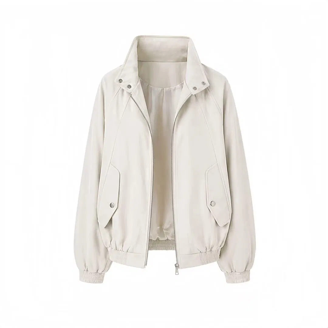 Jaqueta Bomber Unissex, Jaqueta Casual com Gola Alta e Zíper, Sobretudo Oversized Personalizável em Bege Sólido para Homens e Mulheres