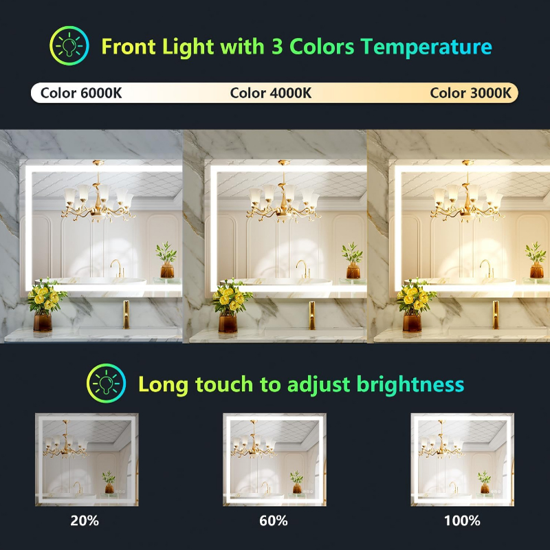 RGB Adjust Color Light Anti-Fog Smart Bathroom Mirror with Dimmable LED Mirror
