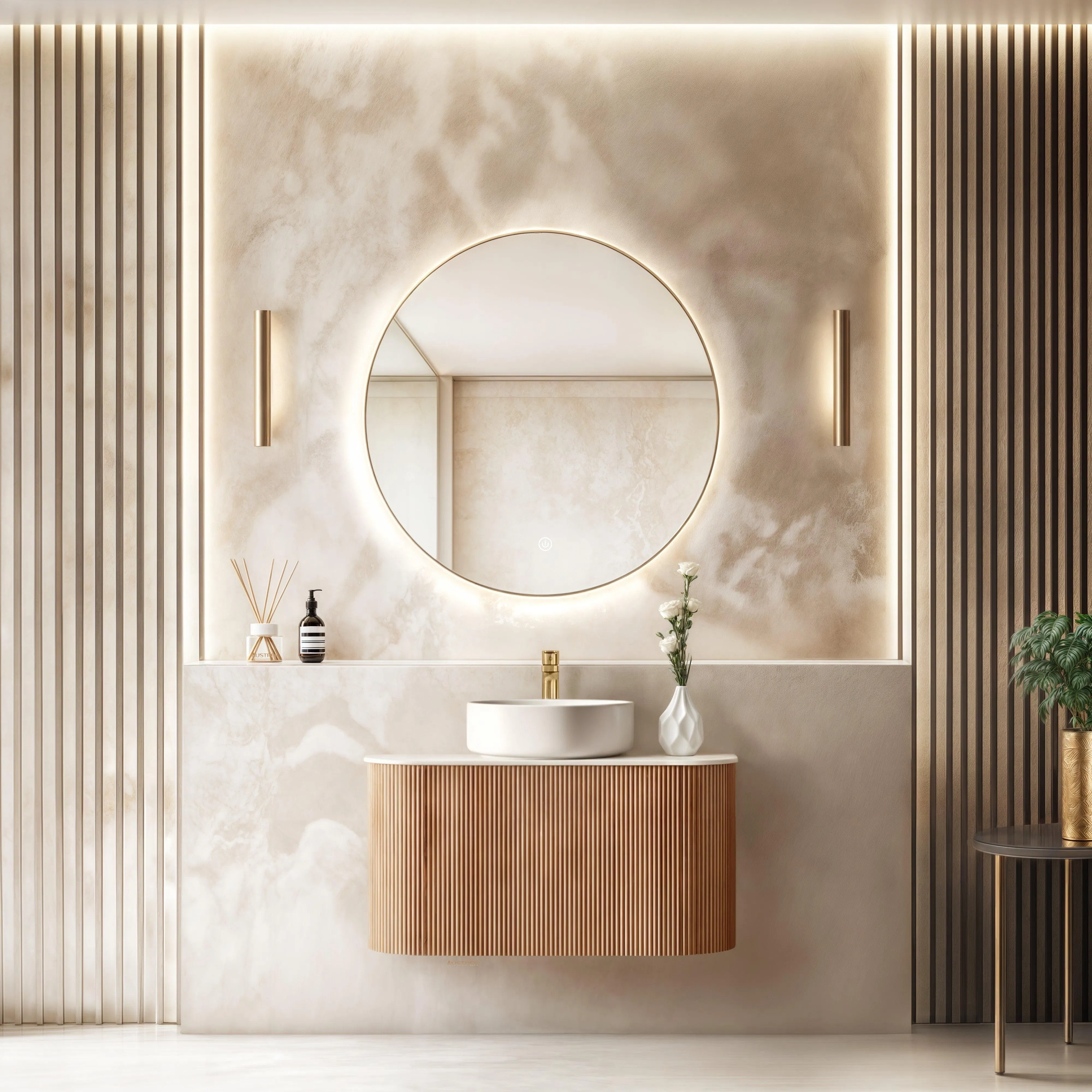 Olife Banos 2025 Modern Special Design Fluted Stripe Plywood Sintered Stone Counter Bathroom Vanity with Ceramic Basin