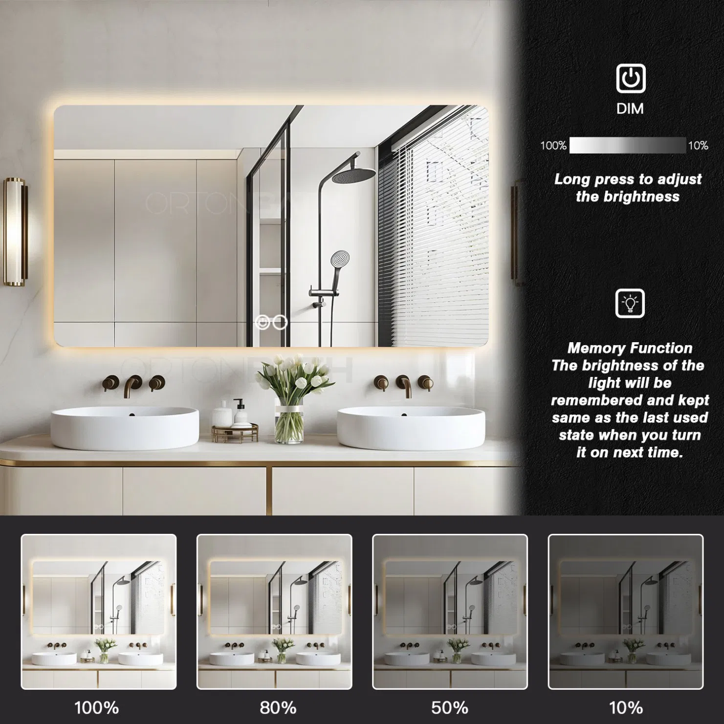 Ortonbath Backlit Rectangle Frameless LED Mirror for Bathroom Wall Mirror with Dimmable, Anti-Fog, Shatterpoof, Memory (Horizontal/Vertical) Backlit Mirror