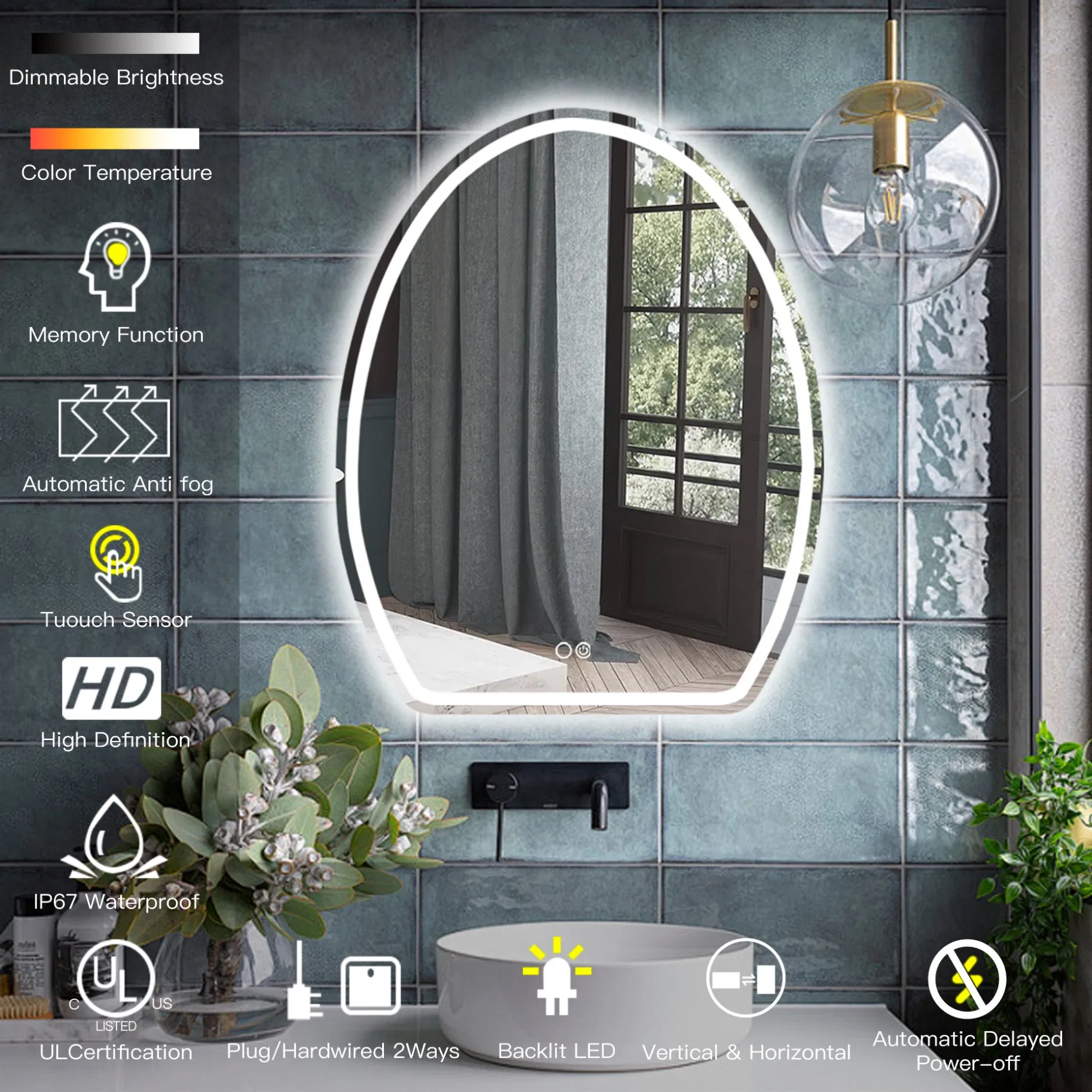 Ortonbath Cut Egg Shape Bathroom LED Mirror with Lights LED Backlit Mirrors Irregular Vanity Mirror Half LED Makeup Mirror with Front Lighting