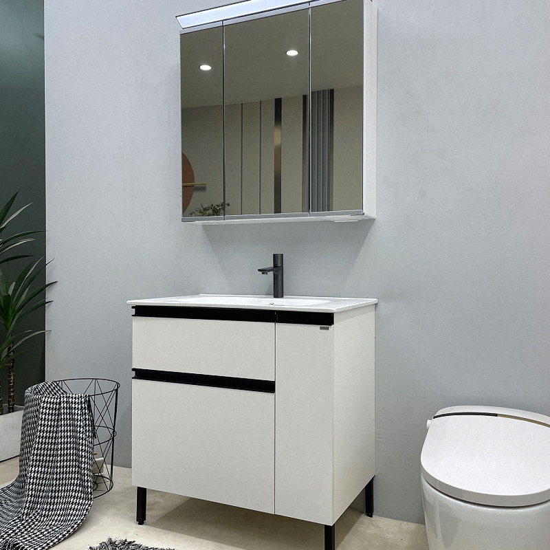 White Freestanding Bathroom Vanity with Ceramic Basin for Apartment