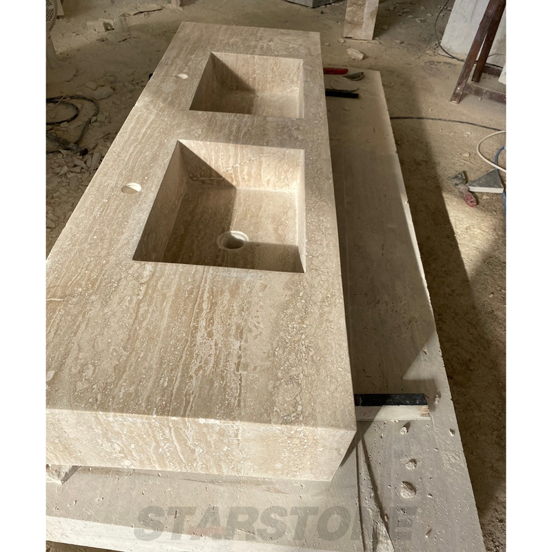 Custom Design Minimalist Scandinavian Fluted Wood Floating Marble Exposed Bathroom Vanity with Gold Vessel Sink