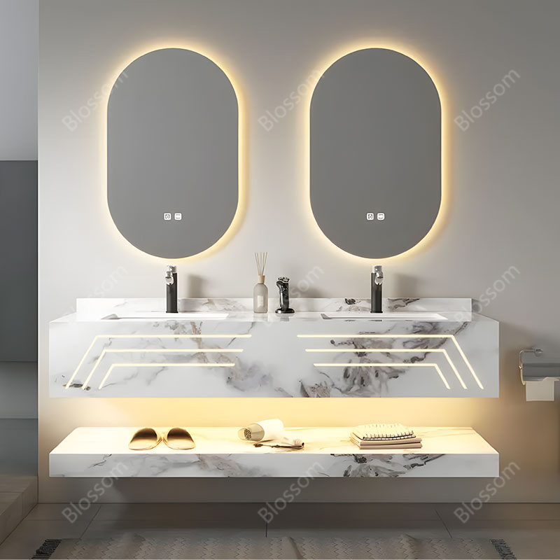 Modern Wall-Mounted Sintered Stone Marble Top Vanity Polished Single-Hole Faucet Mount Wash Basin Sink for Bathroom