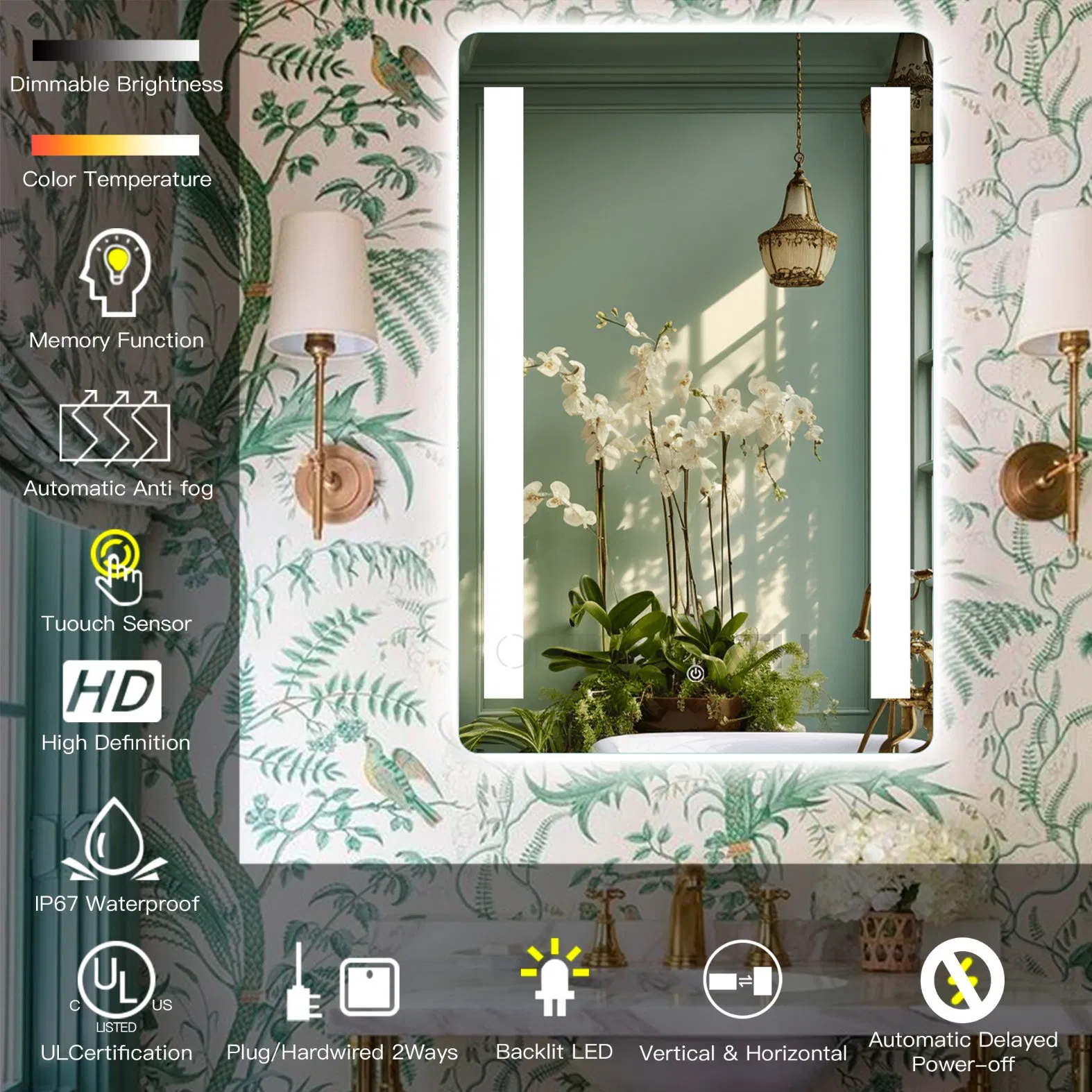 Ortonbath Two LED Strips LED Bathroom Mirror Anti Fog, Dimmable Touch Button Slim 90 CRI Waterproof IP44, Both Vertical and Horizontal Wall Mounted Mirror