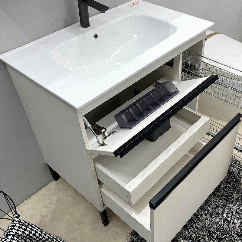 White Freestanding Bathroom Vanity with Ceramic Basin for Apartment