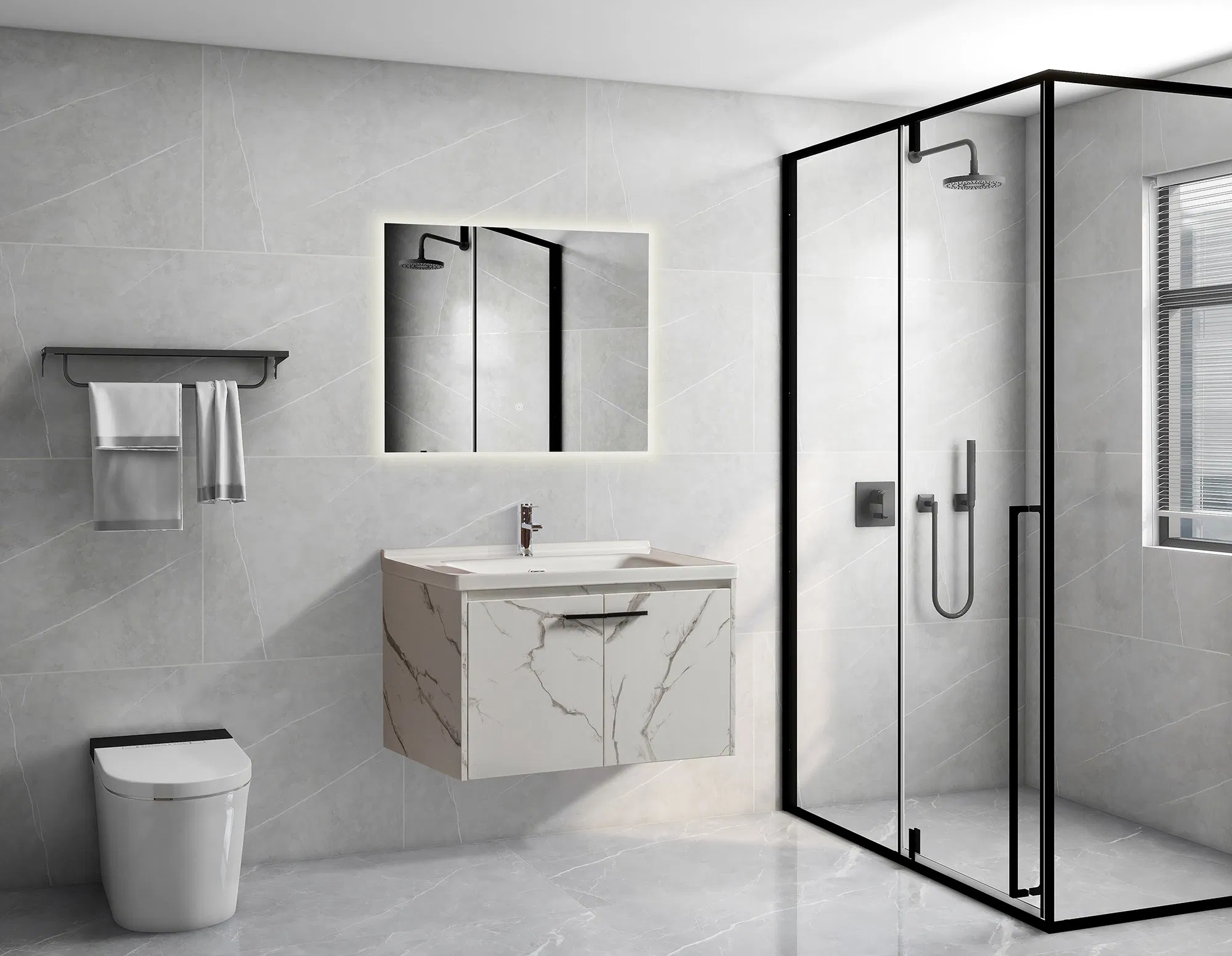 Wholesale Economic Design Wall Mounted Plywood Bathroom Cabinet Waterproof Bathroom Vanity Wash Basin Wood Sinks with LED Mirror