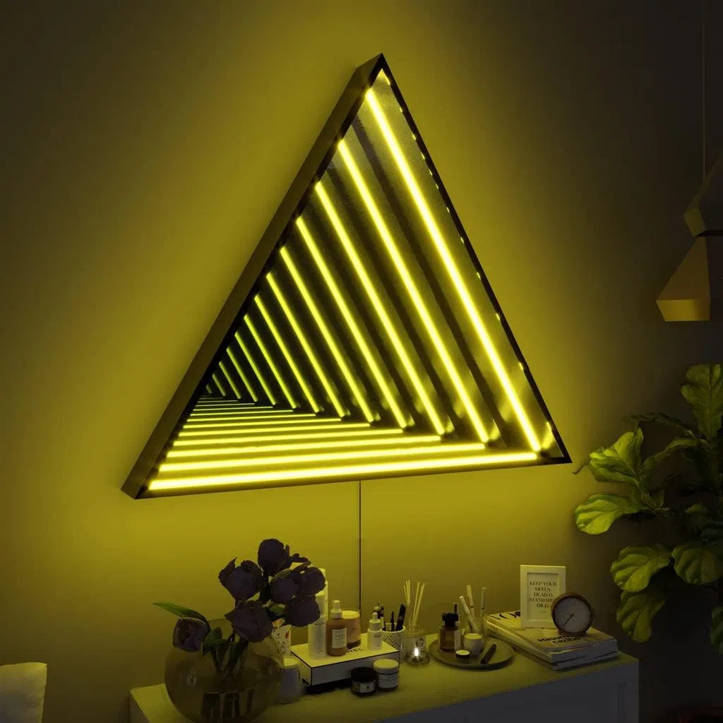 Infinity Triangle Mirror - LED Infinity Mirror Wall Lamp, Geometric RGB Colour Changing Wall Decor, 3D Tunnel Magical Lighting, Holographic Portal