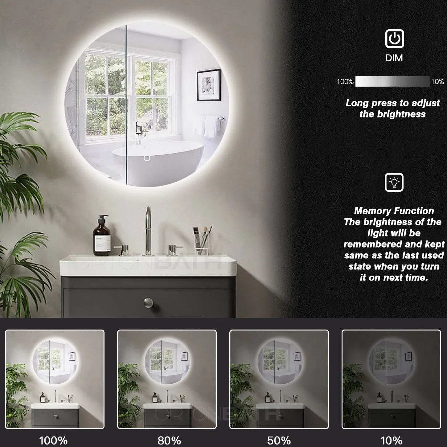 Ortonbath Round LED Bathroom Mirror Backlit Anti-Fog Wall Mounted Lighted Bathroom Vanity Mirror 3 Colors Light Dimmable Smart Makeup Mirror with Touch Switch