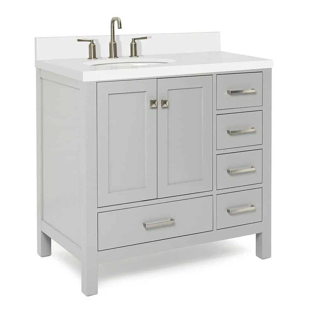 Elegant Grey Wooden Freestanding Bathroom Vanity with Quartz Top