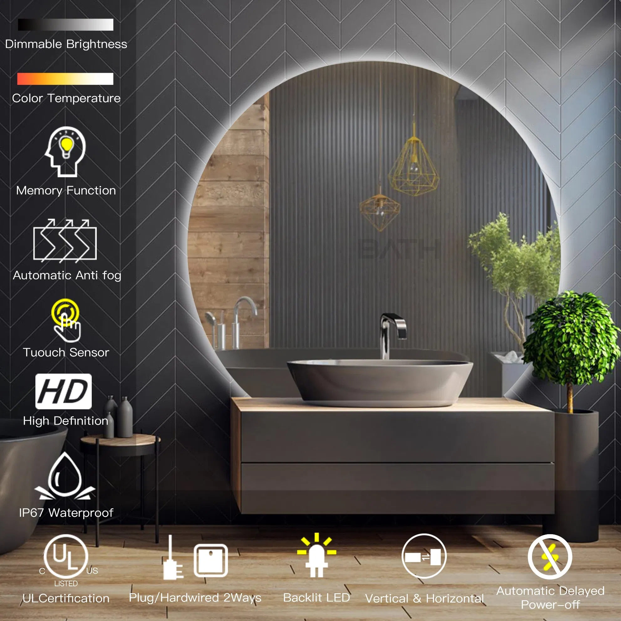 Ortonbath Bathroom Mirror with Lights LED Backlit Mirrors Irregular Vanity Mirror Half Circle Frameless Makeup Mirror Anti-Fog Wall Mounted Mirror