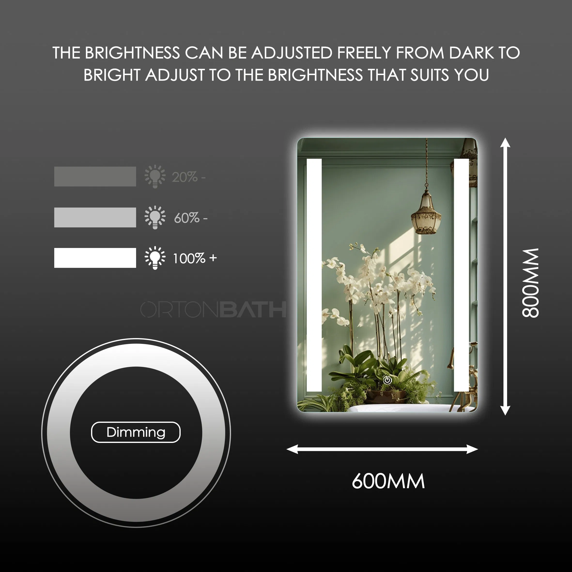 Ortonbath Two LED Strips LED Bathroom Mirror Anti Fog, Dimmable Touch Button Slim 90 CRI Waterproof IP44, Both Vertical and Horizontal Wall Mounted Mirror