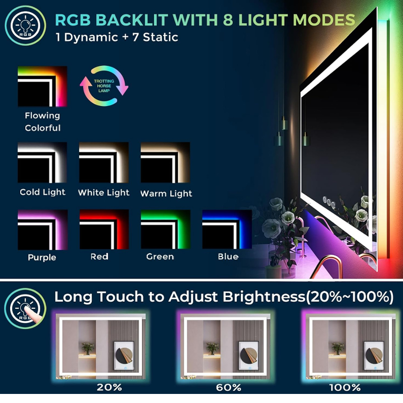 RGB Adjust Color Light Anti-Fog Smart Bathroom Mirror with Dimmable LED Mirror