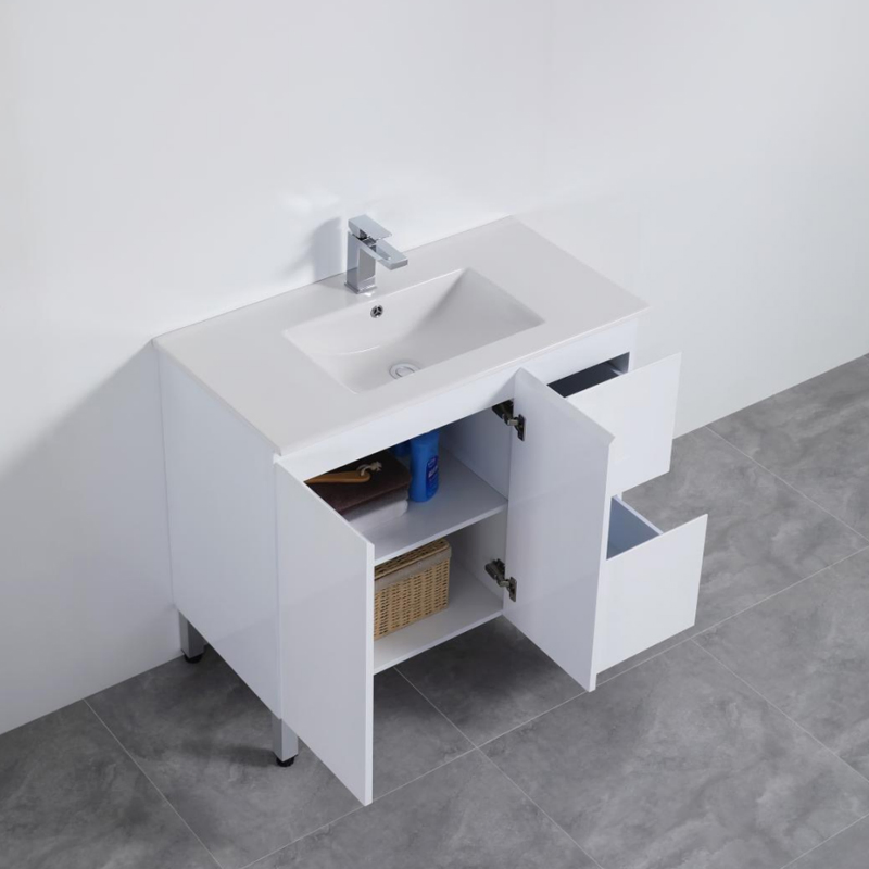 900mm PVC Bathroom Vanity Freestanding with Legs Gloss White Cabinet with Basin