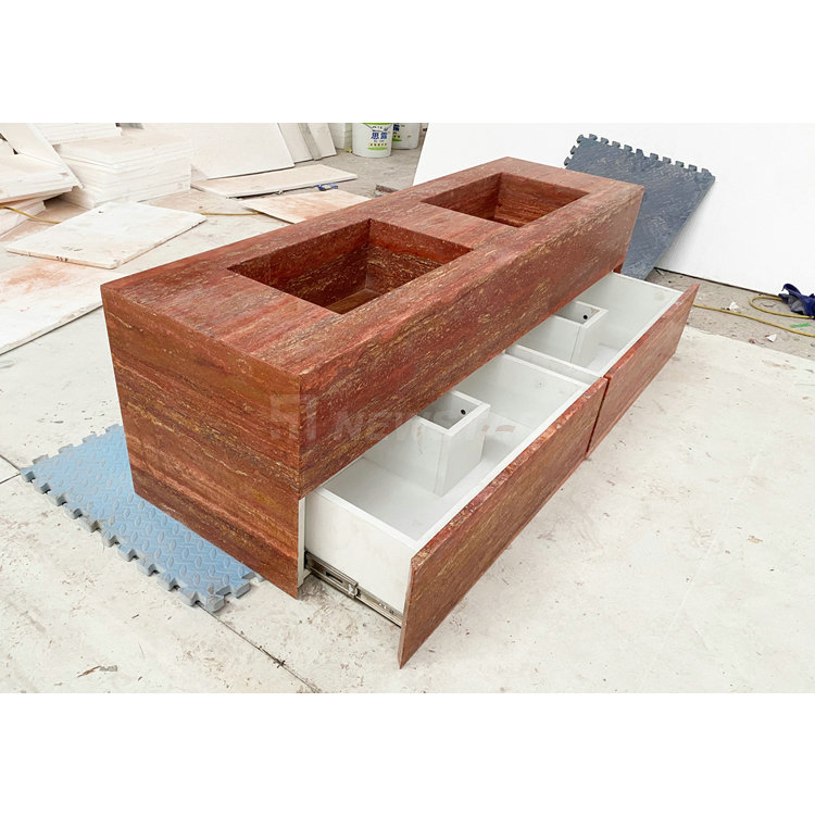 Matt Finish Natural Stone Red Travertine Countertop Bathroom Vanity Set Marble Sink Cabinet Floating Marble Travertine Vanity