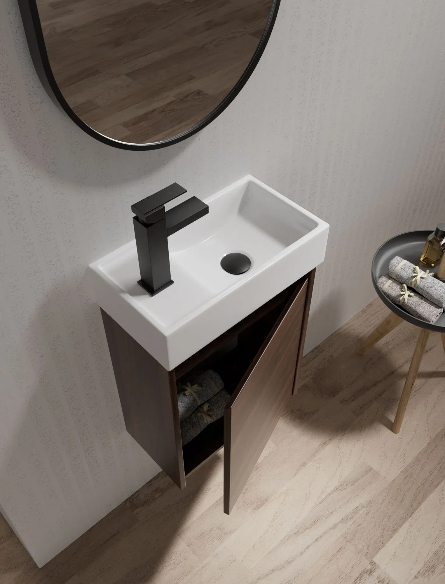 Floating Wall Mounted Bathroom Marble Sink with Mirror Light Furniture Vanity