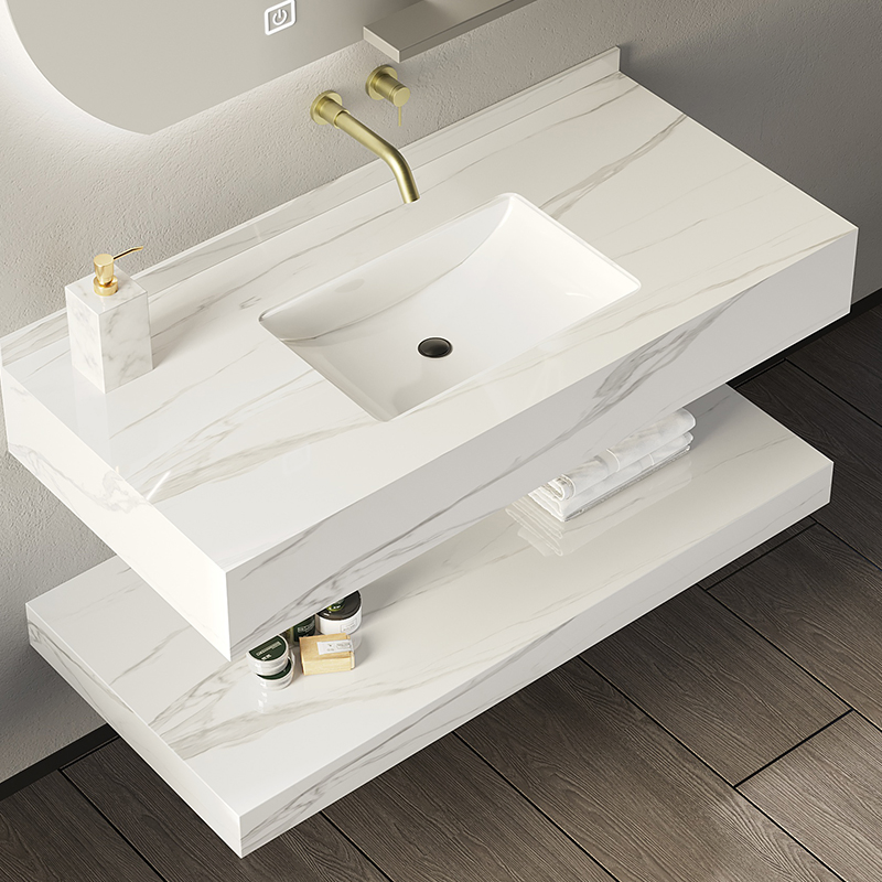 800mm Modern Double Layers Wall Mount Washroom Rock Slate Marble Sink Floating Bathroom Vanity 2523f-80