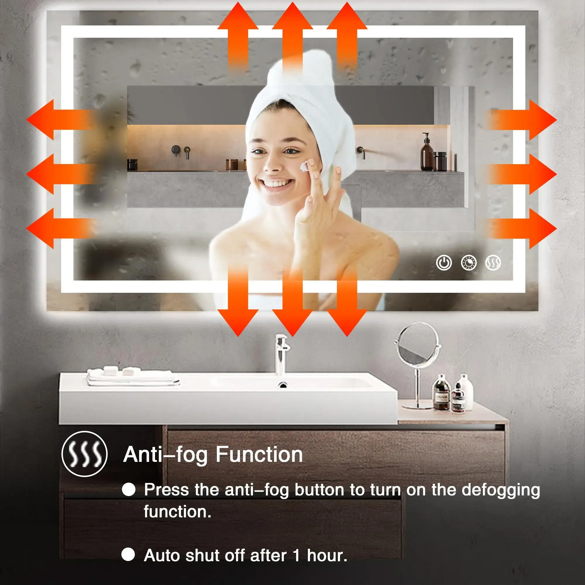 100*60 Cm LED Bathroom Mirror, 3 Color Temperatures, Dimmable Bathroom Vanity Mirror with Lights, Wall-Mounted