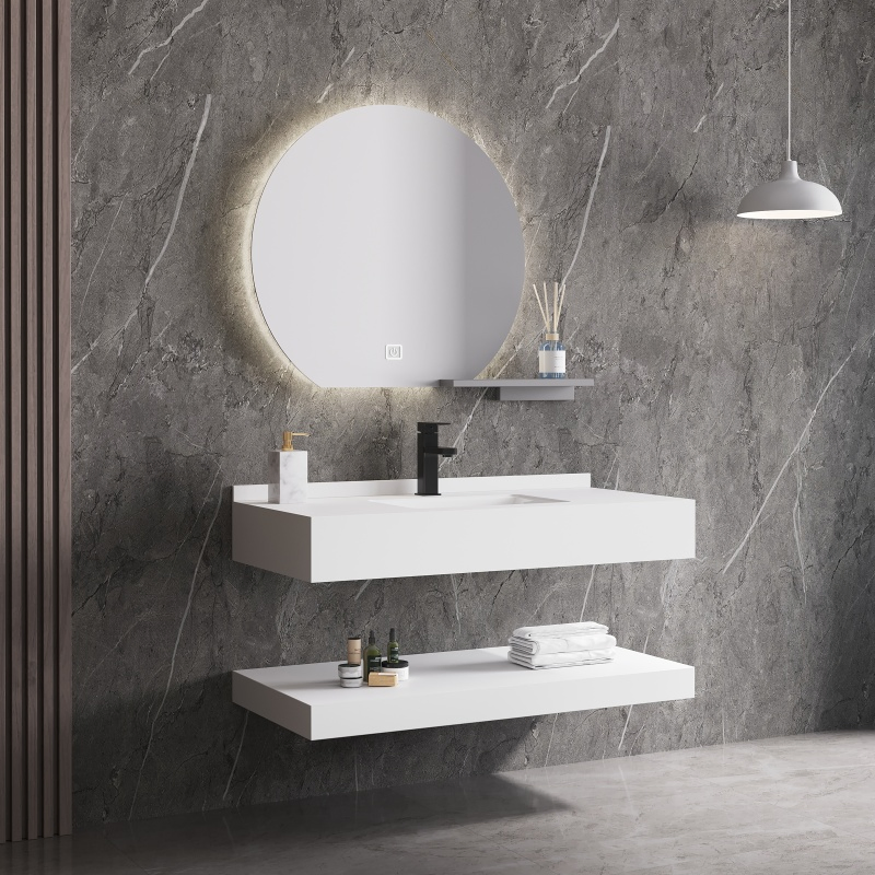 Double-Layer Wall Hung Rectangle Lavabo Marble Pattern Wash Basin Solid Surface Cabinet Hand Wash Basin Bathroom Vanity Sink