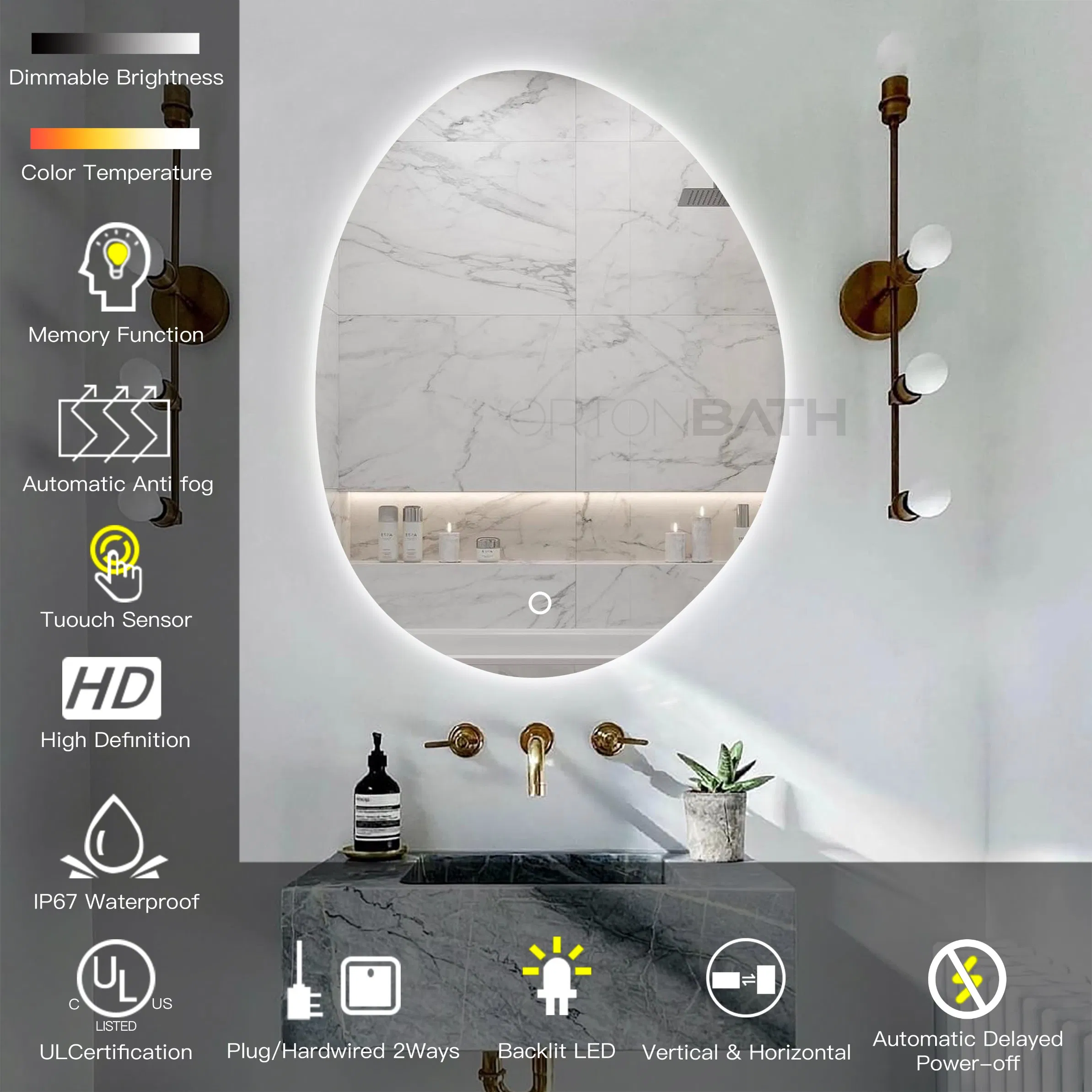 Ortonbath Oval LED Frameless Bathroom Mirror, 32X24 Inch Oval Shape Bathroom Vanity Mirror Wall Mounted with 3000K-6000K Adjustable, Anti-Fog