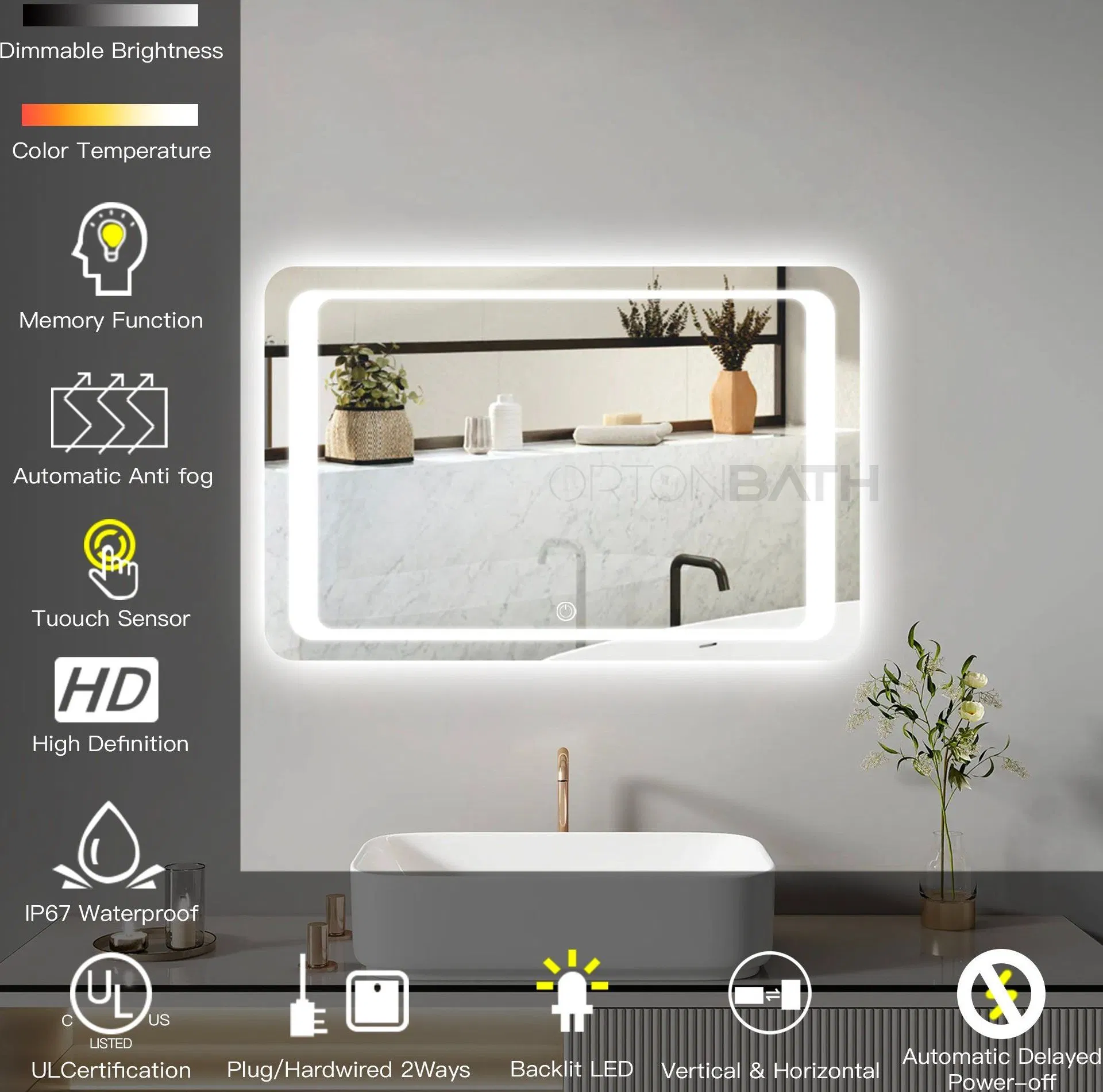 Ortonbath Wholesale Frameless Rectangle Bathroom LED Mirror with Lights LED Front Light Backlit Mirrors Vanity Mirror Dimmable Anti-Fog LED Makeup Mirror