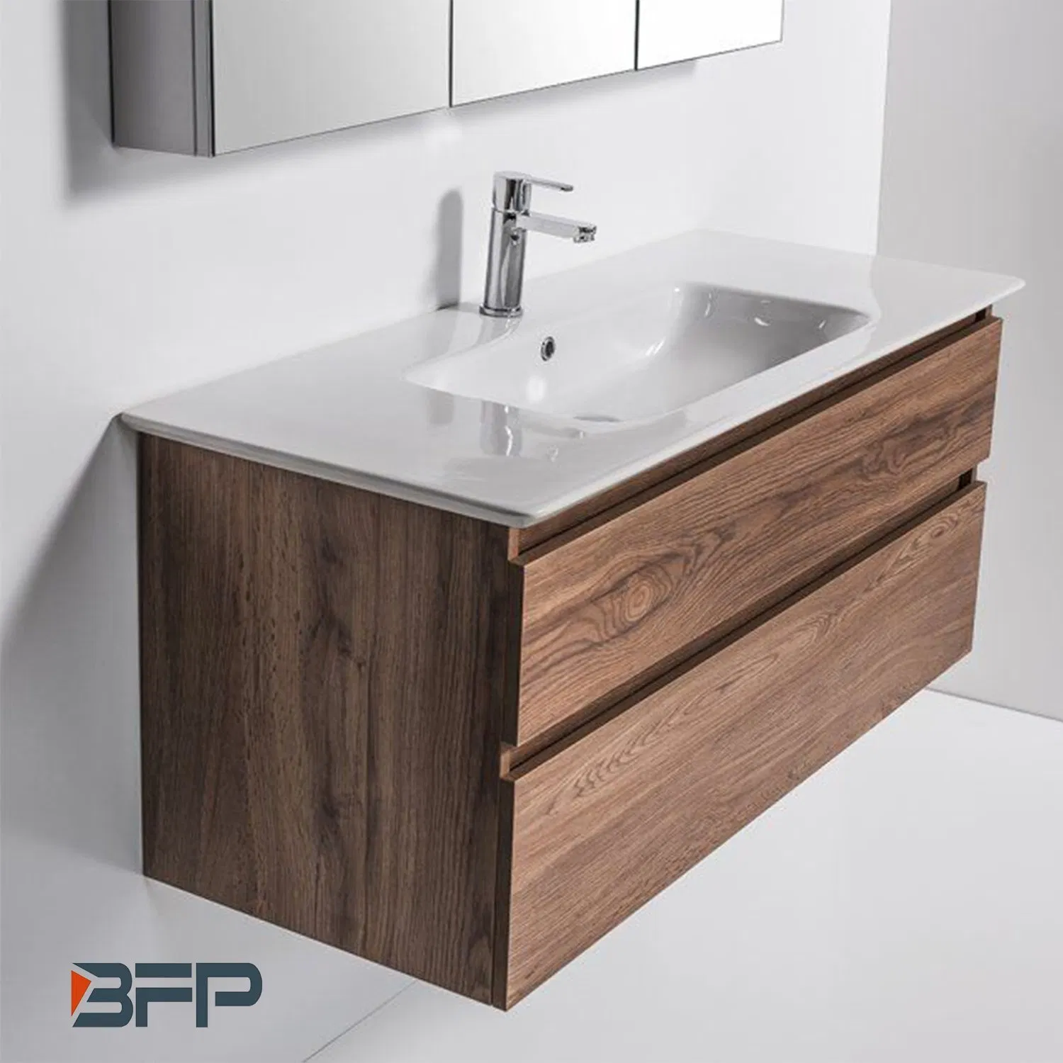 Wood Grain Flat Panel Double Sink Mirror Vanity for Bathroom