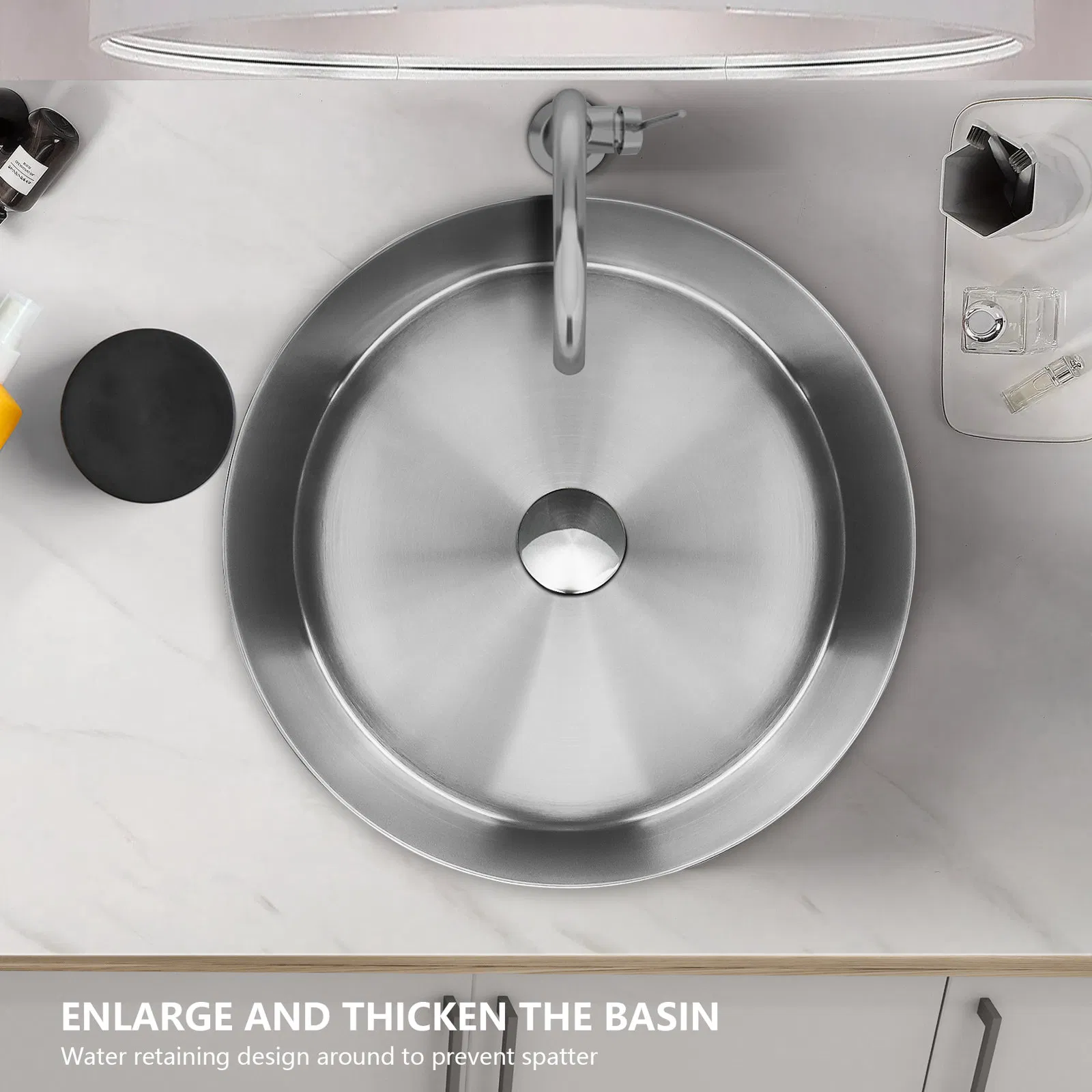 Aquacubic 16" Round Countertop Brushed Handmade 304 Stainless Steel Bathroom Vessel Sink with Drain