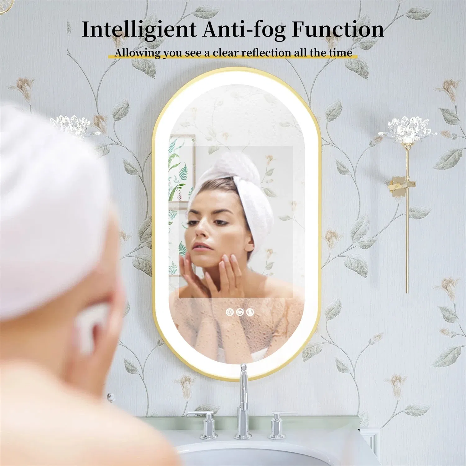 Gold Frame Oval Bathroom Mirror LED Lighted Anti-Fog Smart Vanity Mirror Anti-Fog Illuminated Innovative Makeup Mirror
