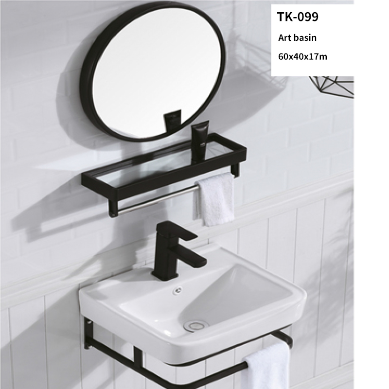 Small Wall Mounted Metal Hung White Bathroom Sink with Round Mirror